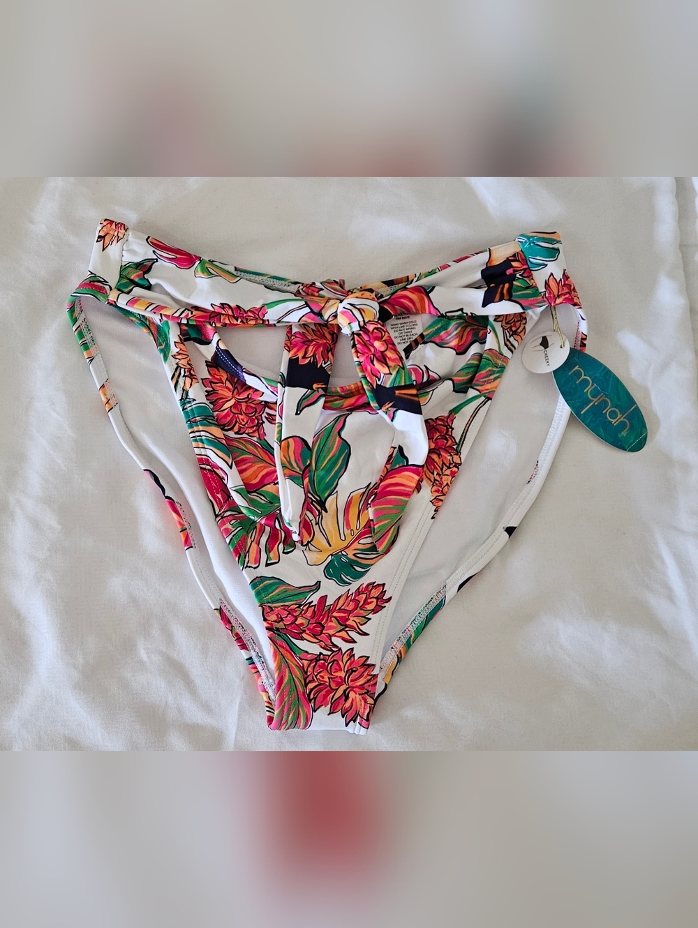 Mynah NWT Bikini Bottom L Tropical Floral Strappy Cheeky Side Cutout Swimwear.